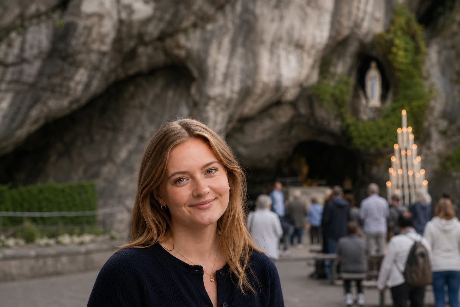 A young woman at a Marian grotto